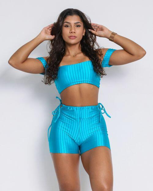 Conjunto Short Empina Ajuste Cirre Azul Acqua + Top Ciganinha