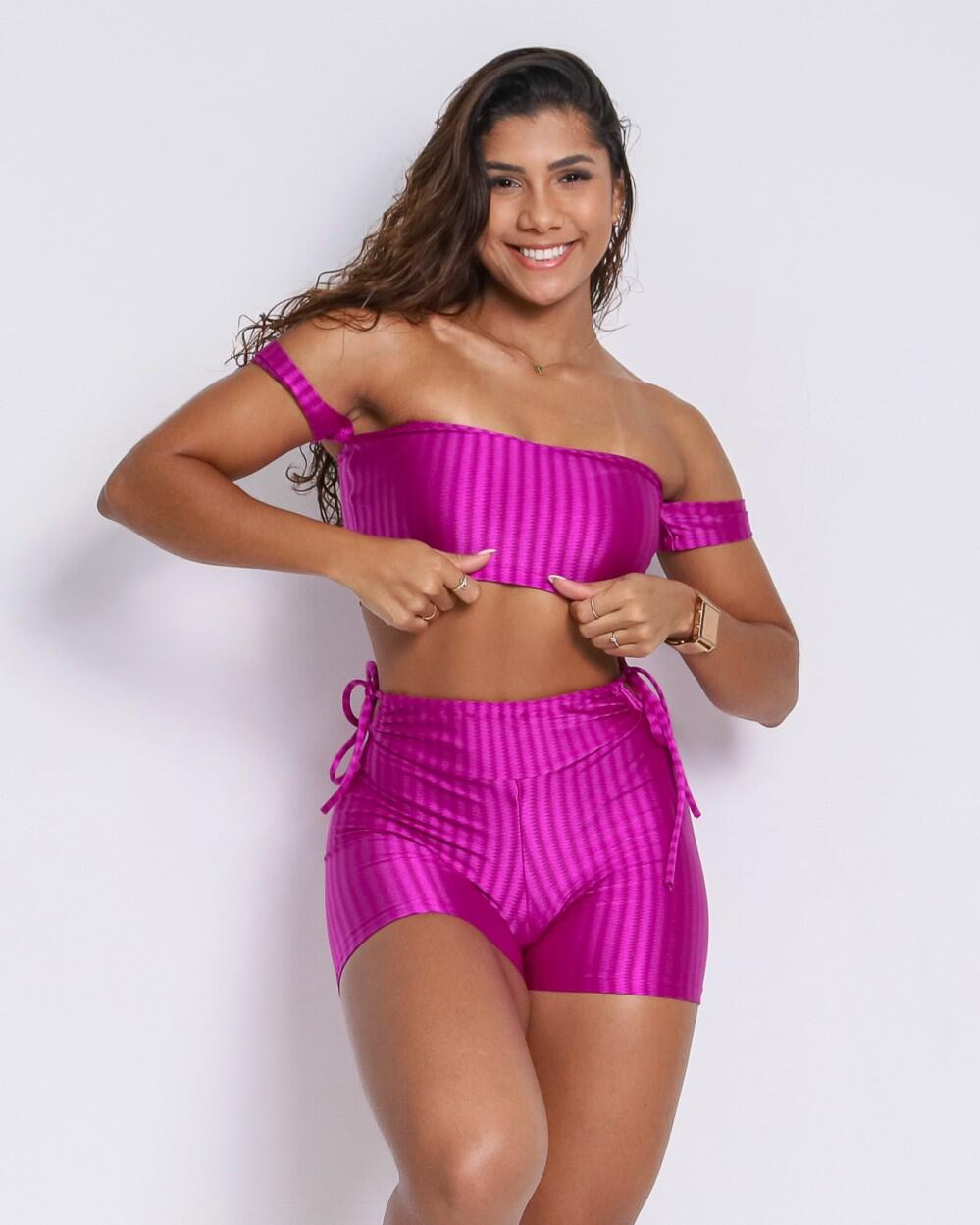 Conjunto Short Empina Ajuste Cirre Rosa + Top Ciganinha