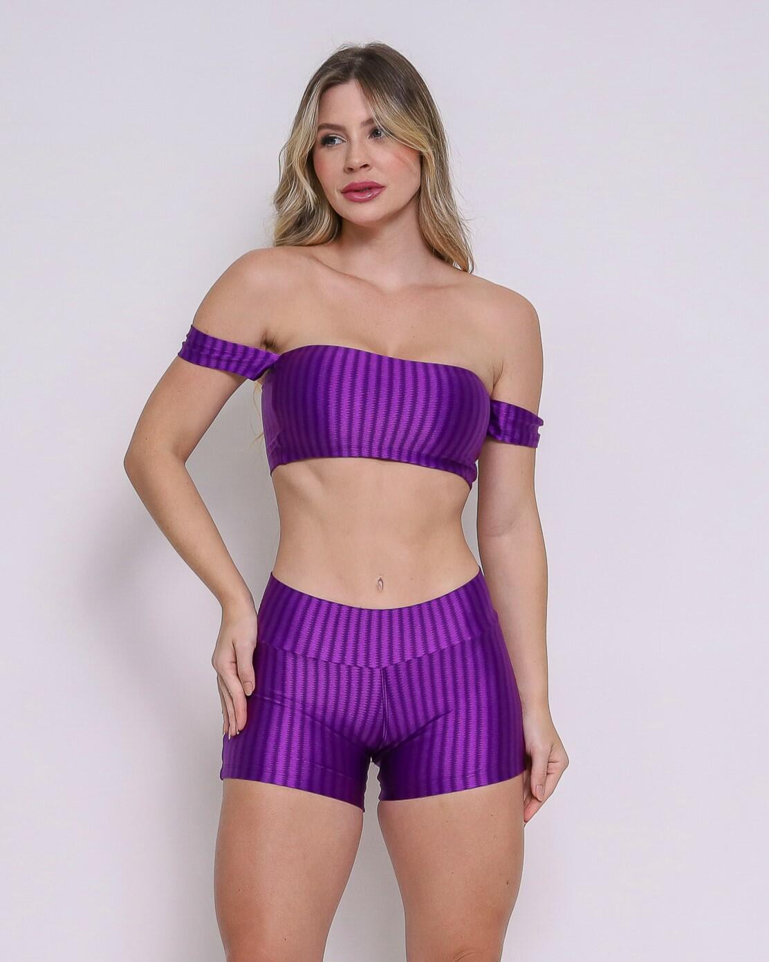 Conjunto Short Básico Curtinho Cirrê Grape + Top Ciganinha