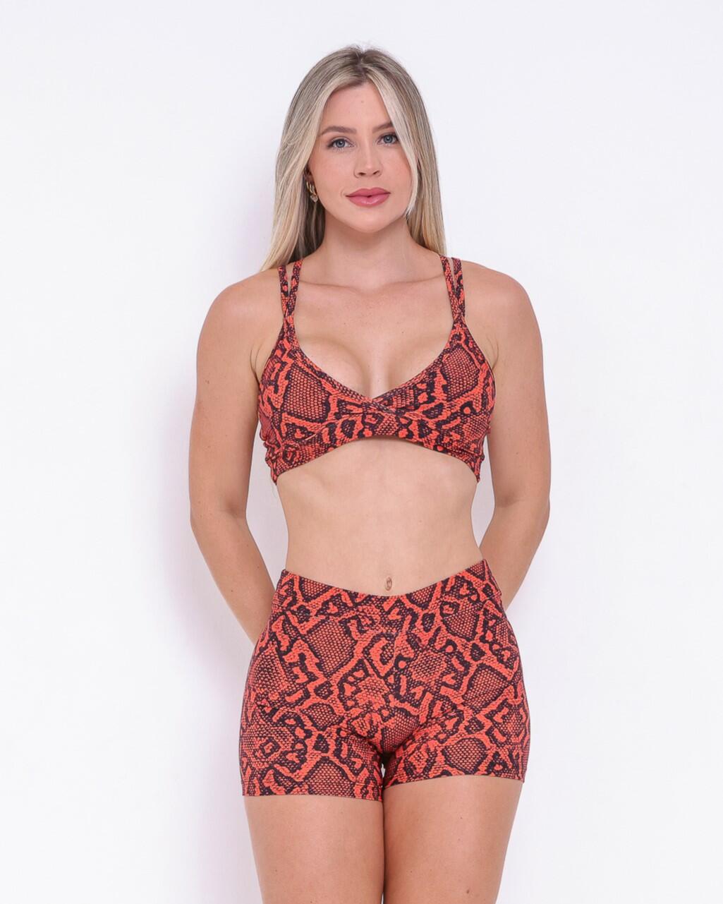 Conjunto Short Básico Cós Fino Cobra Fundo Vermelho + Top Vivi
