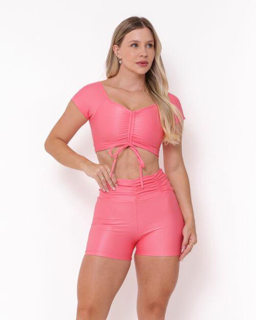 Conjunto Short Básico Cós Franzido Compressão + Top Manguinha