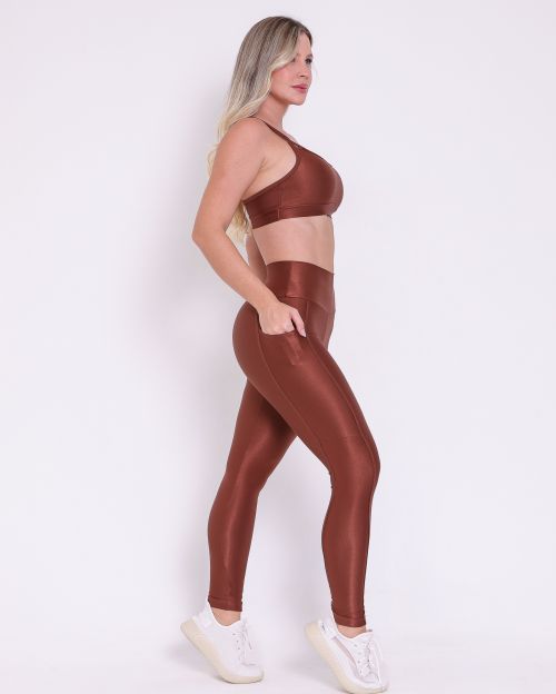 Conjunto Cal�a Legging B�sica Bolso Compress�o + Top Lu