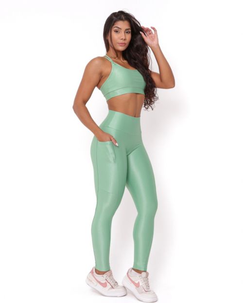 Conjunto Cal�a Legging B�sica Bolso Compress�o + Top Lu