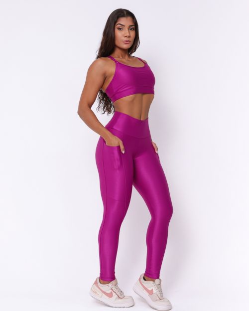 Conjunto Cal�a Legging B�sica Bolso Compress�o + Top Lu