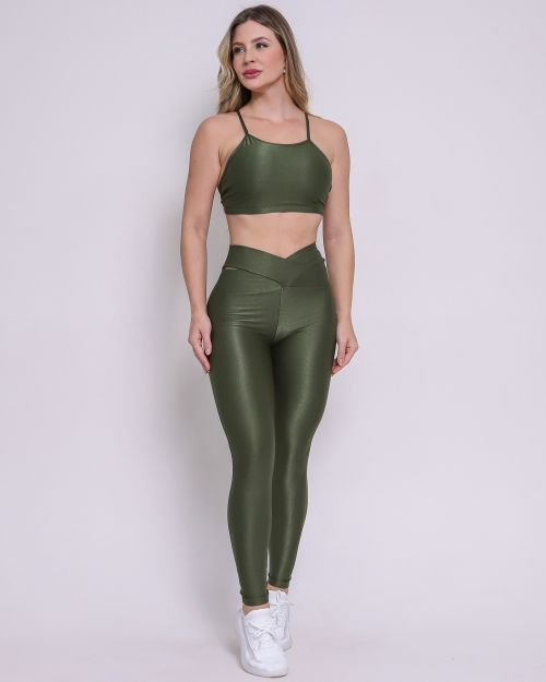 Conjunto Calça Legging Básica Cós Cruzado Compressão + Top Paula