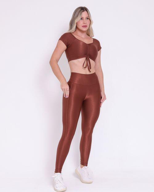 Conjunto Cal�a Legging B�sica Bolso Compress�o + Top Manguinha