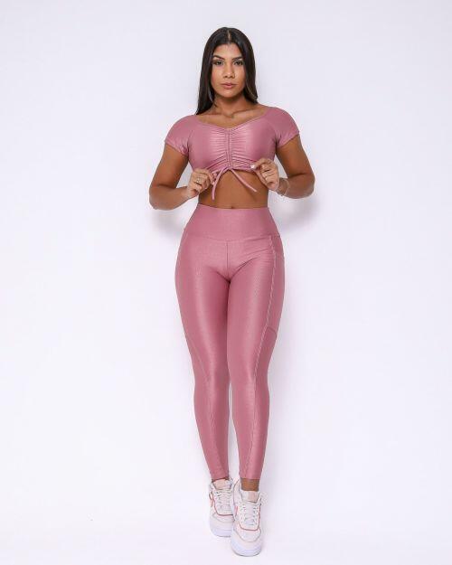 Conjunto Cal�a Legging B�sica Bolso Compress�o + Top Manguinha