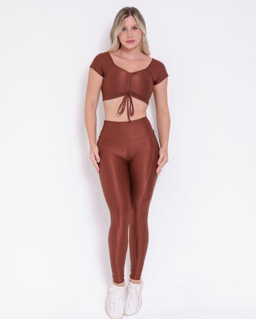 Conjunto Cal�a Legging B�sica Bolso Compress�o + Top Manguinha