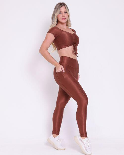 Conjunto Cal�a Legging B�sica Bolso Compress�o + Top Manguinha