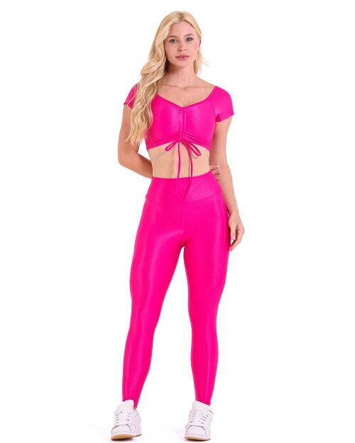 Conjunto Cal�a Legging B�sica Bolso Compress�o + Top Manguinha