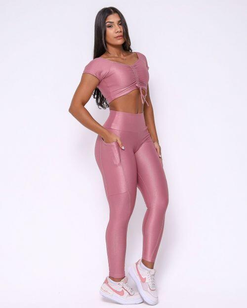 Conjunto Cal�a Legging B�sica Bolso Compress�o + Top Manguinha