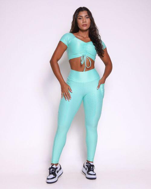 Conjunto Cal�a Legging B�sica Bolso Compress�o + Top Manguinha
