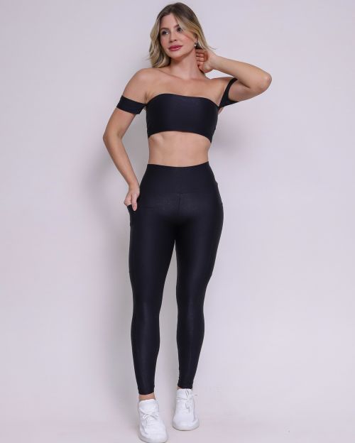 Conjunto Calça Legging Básica Bolso Compressão + Top Ciganinha