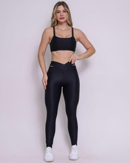 Conjunto Calça Legging Básica Cós Cruzado Compressão + Top Tai