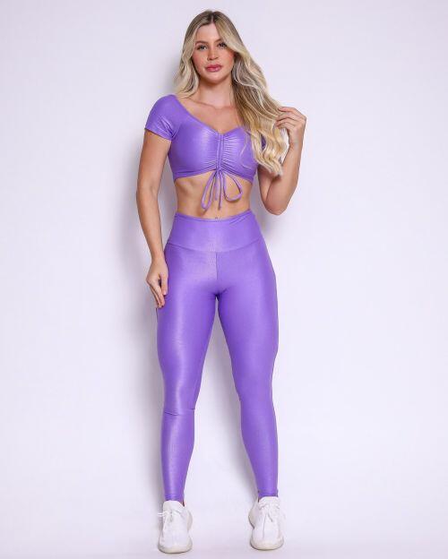 Conjunto Calça Legging Empina Vivo Cós Reto Compressão + Top Manguinha