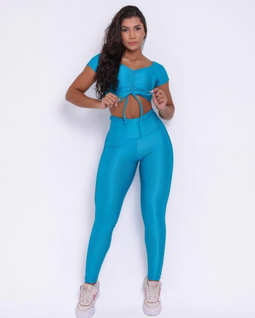 Conjunto Calça Legging Empina Vivo Cós Reto Compressão + Top Manguinha