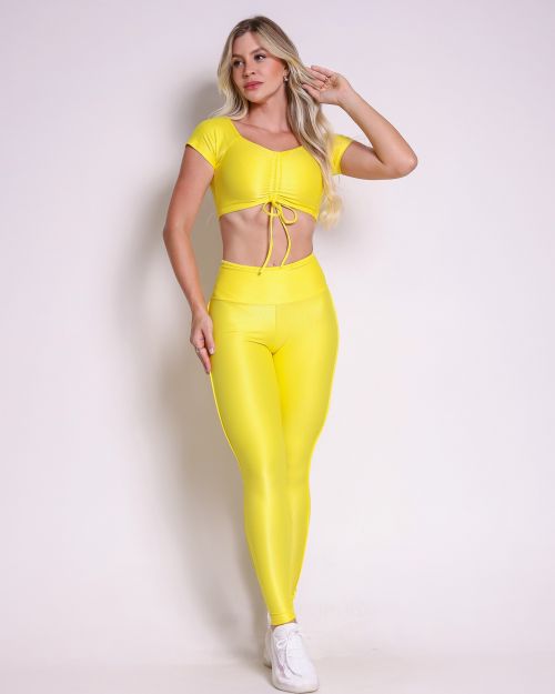 Conjunto Calça Legging Empina Vivo Cós Reto Compressão + Top Manguinha