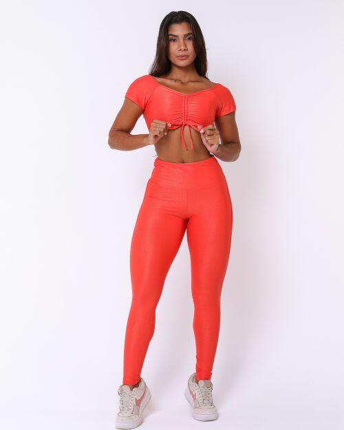 Conjunto Calça Legging Empina Vivo Cós Reto Compressão + Top Manguinha