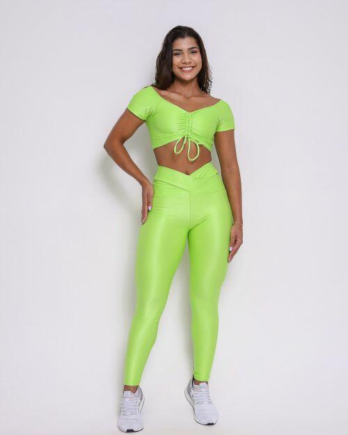 Conjunto Calça Legging Básica Cós Cruzado Compressão + Top Manguinha