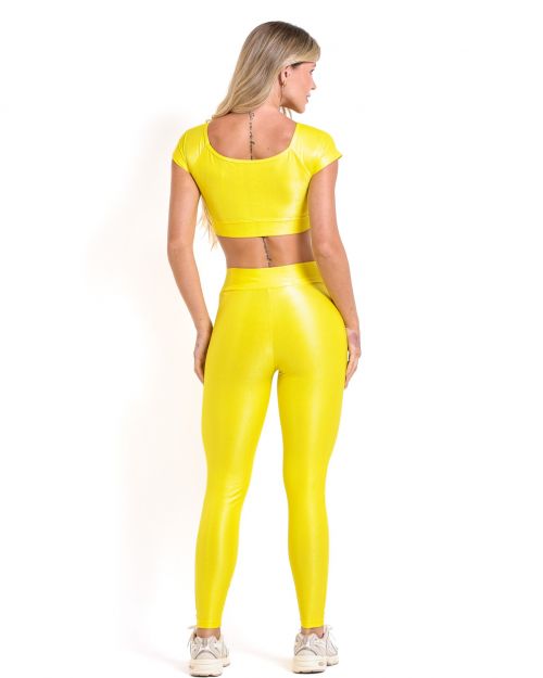 Conjunto Calça Legging Básica Cós Cruzado Compressão + Top Manguinha