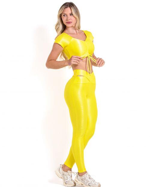 Conjunto Calça Legging Básica Cós Cruzado Compressão + Top Manguinha