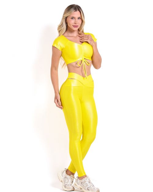 Conjunto Calça Legging Básica Cós Cruzado Compressão + Top Manguinha