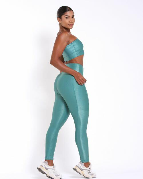 Conjunto Calça Legging Básica Bolso Compressão + Top Faixa