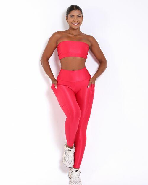 Conjunto Calça Legging Básica Bolso Compressão + Top Faixa