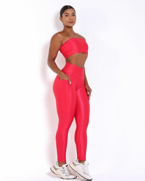 Conjunto Calça Legging Básica Bolso Compressão + Top Faixa