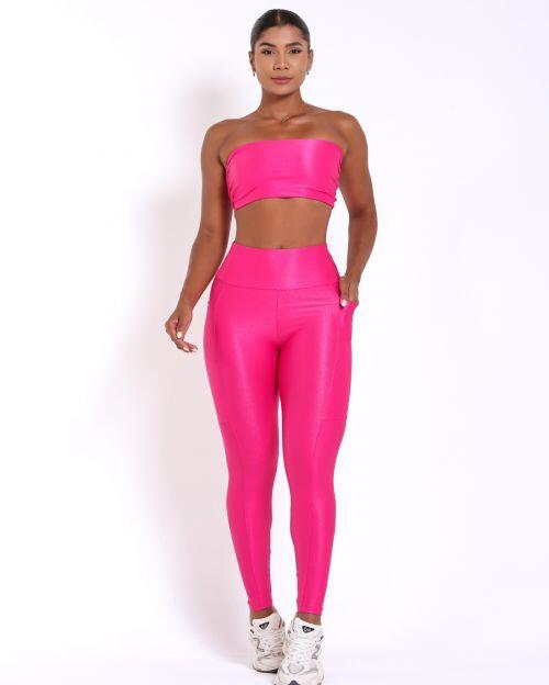 Conjunto Calça Legging Básica Bolso Compressão + Top Faixa