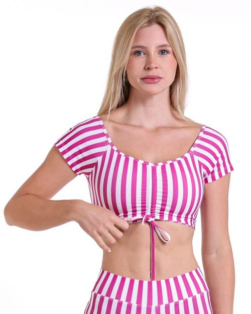 Top Manguinha Listrado Rosa/Branco