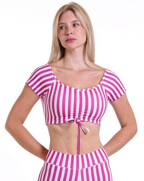 Top Manguinha Listrado Rosa/Branco