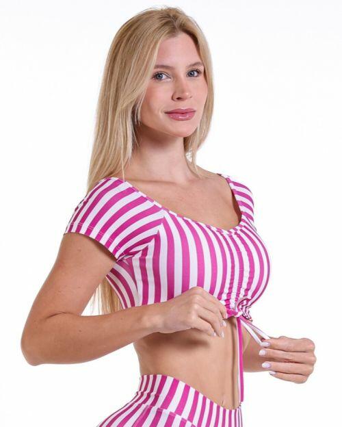 Top Manguinha Listrado Rosa/Branco