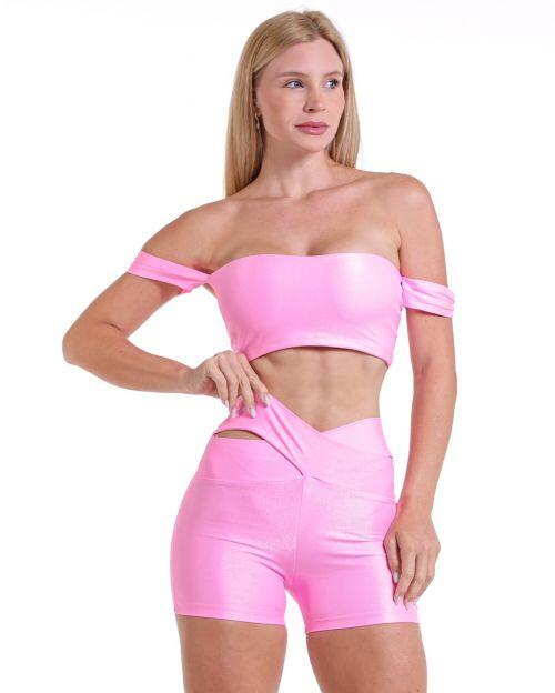 Conjunto Short Básico Cós Cruzado Compressão + Top Ciganinha