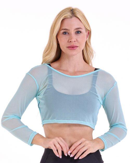 Cropped Manga Longa Tule Azul Candy