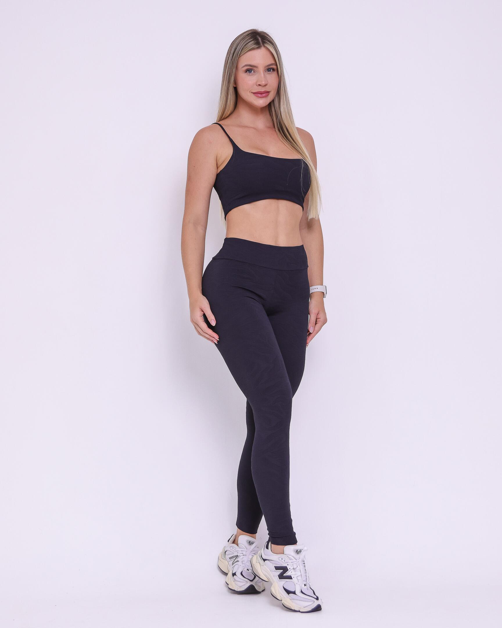 Conjunto Calça Legging Básica Jacquard Folhagem + Top Bruna