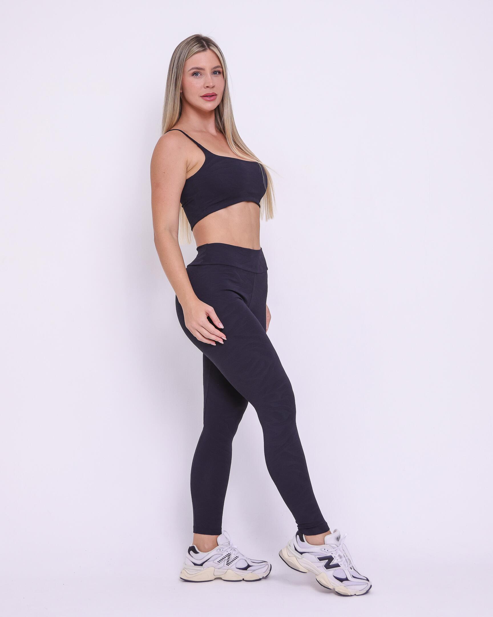 Conjunto Calça Legging Básica Jacquard Folhagem + Top Bruna