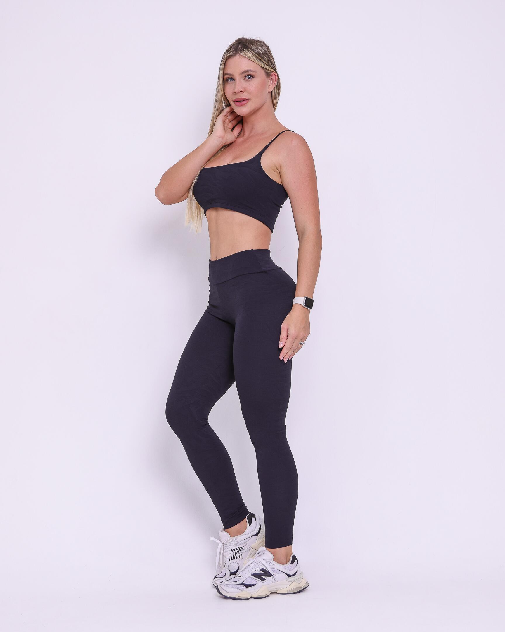 Conjunto Calça Legging Básica Jacquard Folhagem + Top Bruna