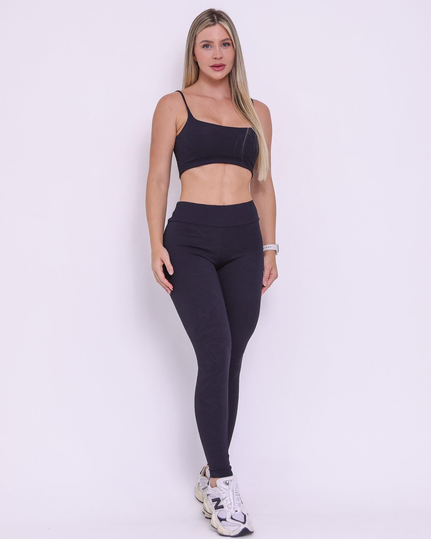 Conjunto Calça Legging Básica Jacquard Folhagem + Top Bruna