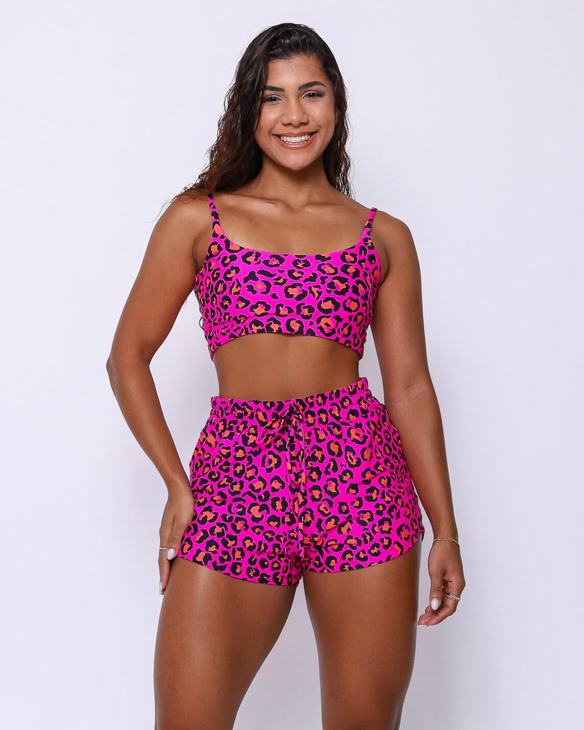 Conjunto Short Boxer Basic Light Onça Pantanal Rosa + Top Bruna