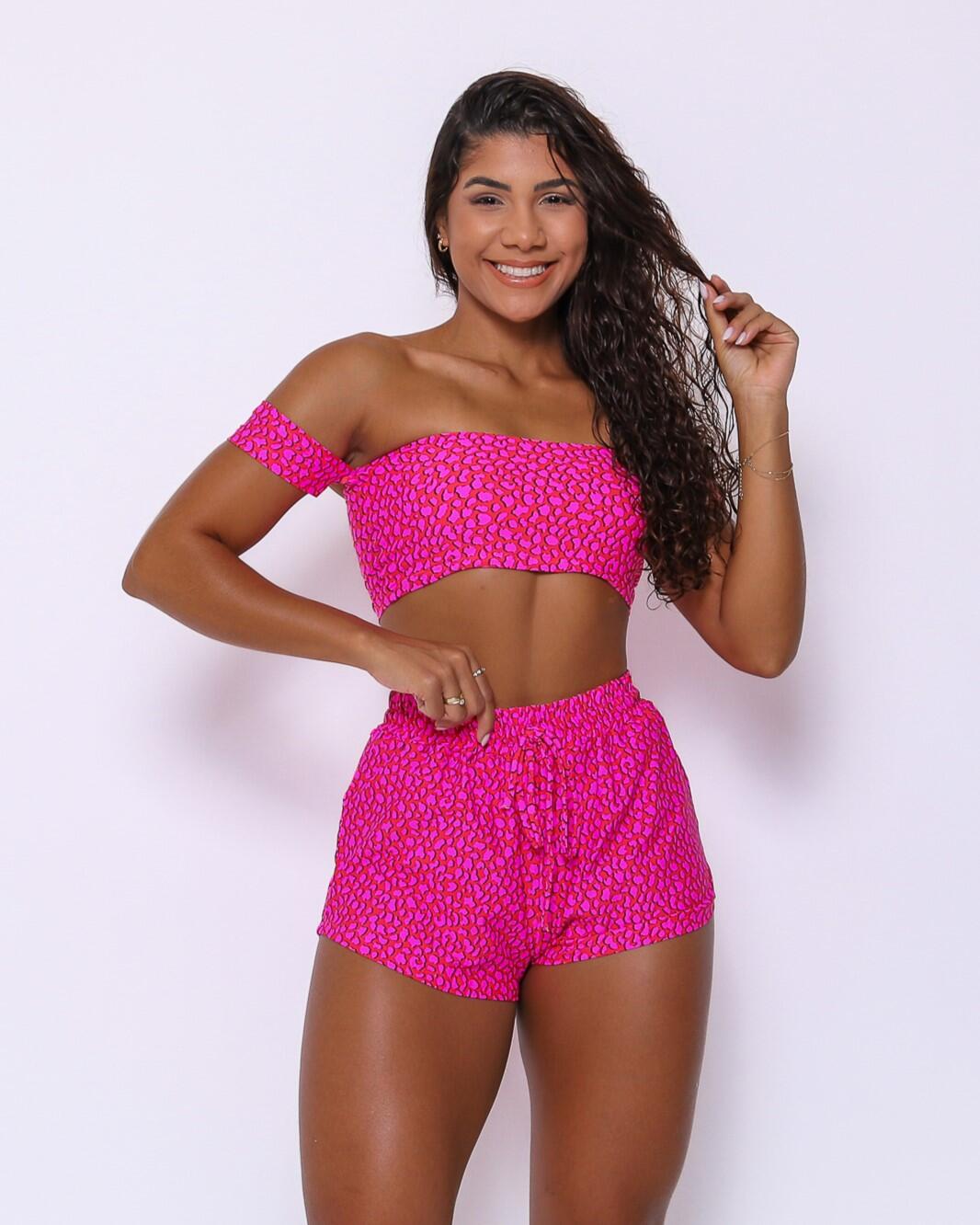 Conjunto Short Boxer Basic Light Oncinha Mini Penelope Rosa + Top Ciganinha