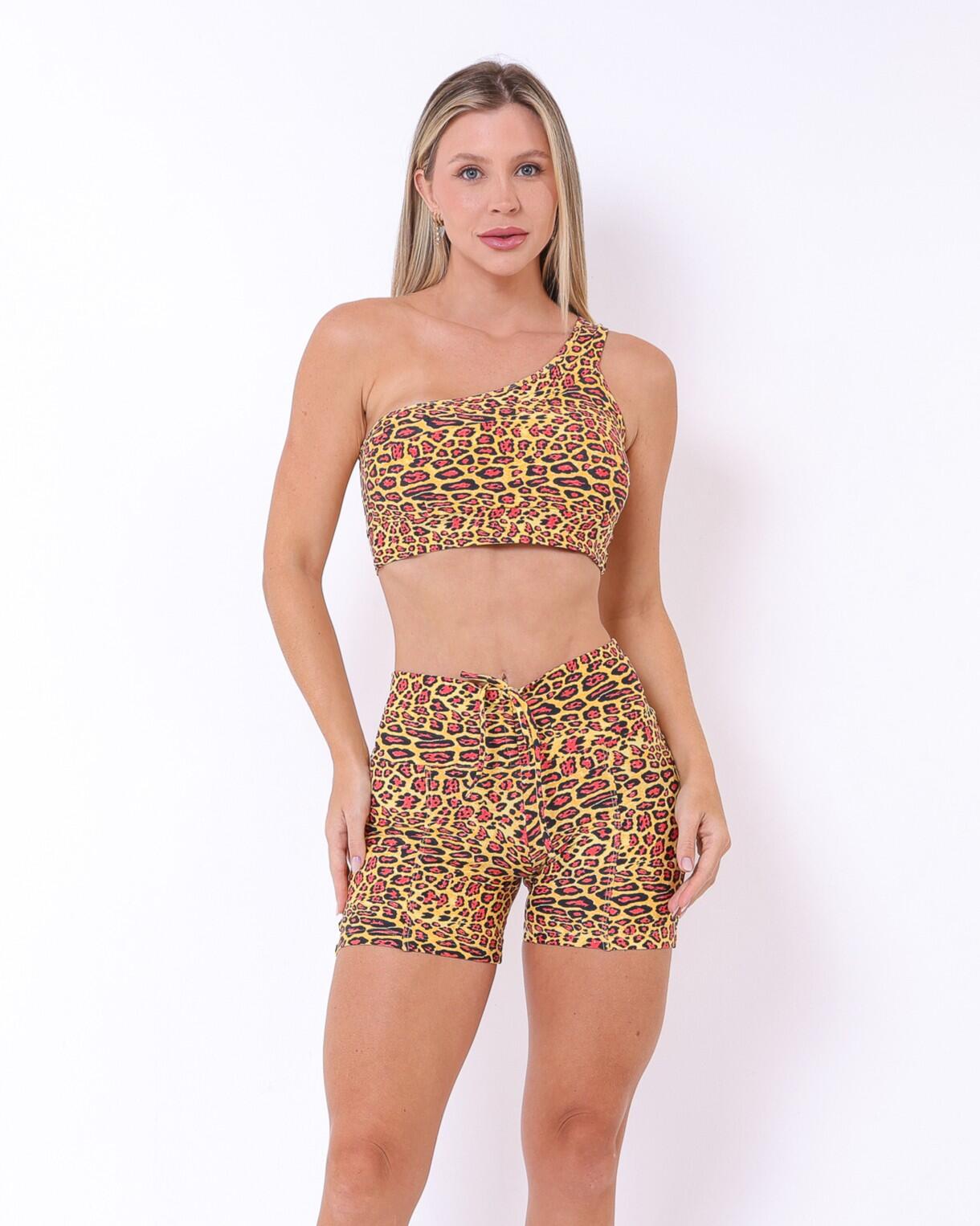 Conjunto Short Empina Savana Onça Ouro Tradicional + Top Paloma