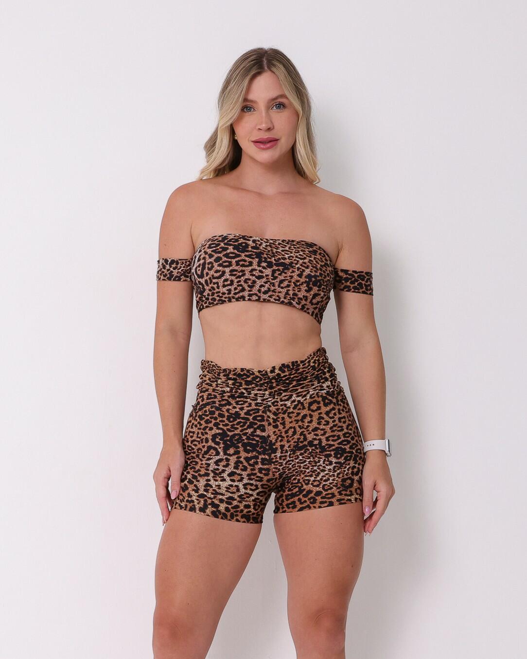 Conjunto Short Básico Cós Franzido Onça Clássica + Top Ciganinha