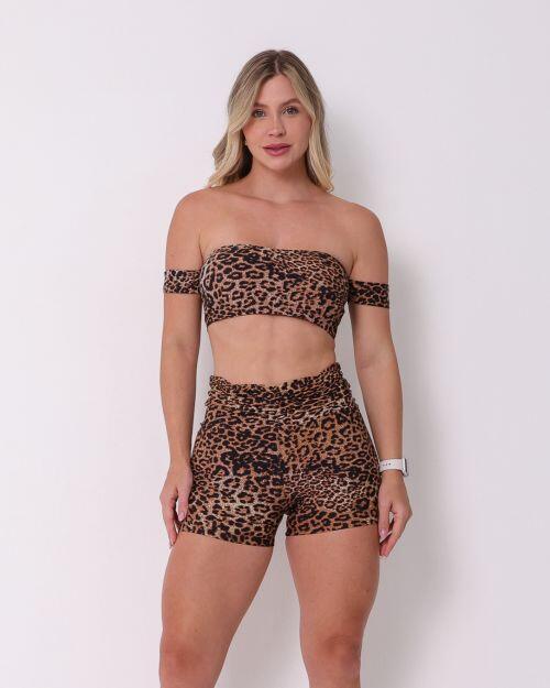 Conjunto Short Básico Cós Franzido Onça Clássica + Top Ciganinha