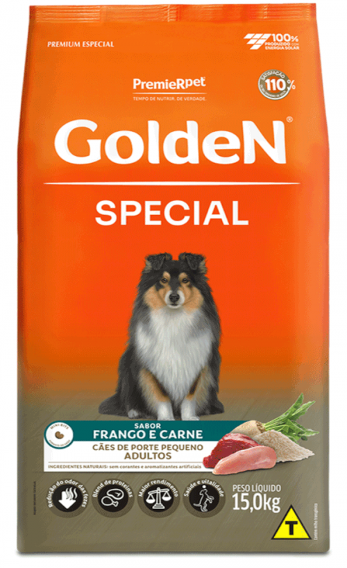 【金童】P . Golden Boy spore Comprar Ração Golden Special Porte Pequeno Sabor Frango e Carne