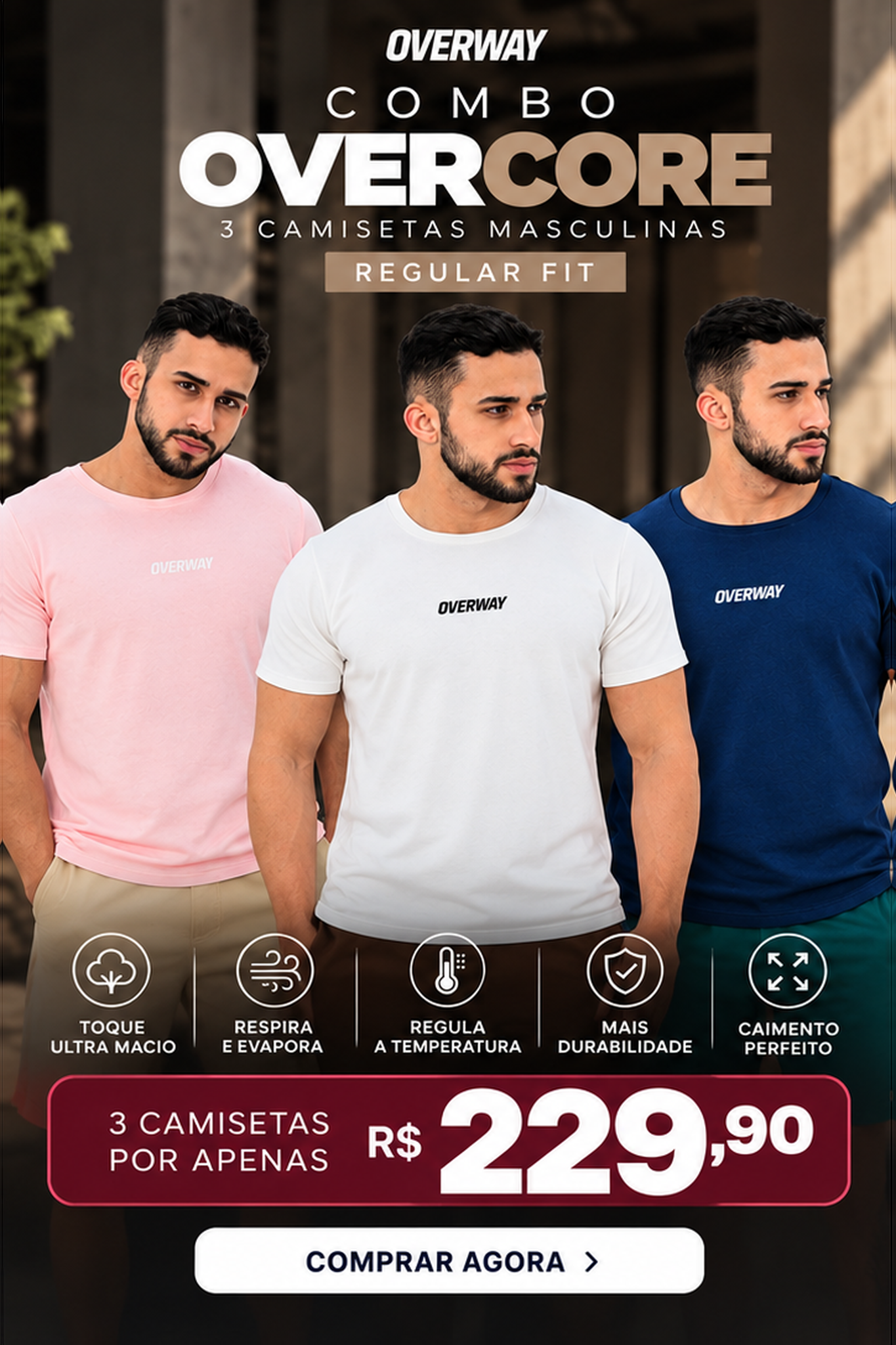 Combo 3 Camiseta OverCore Masculina / Regular Fit - Por R$ 229,90
