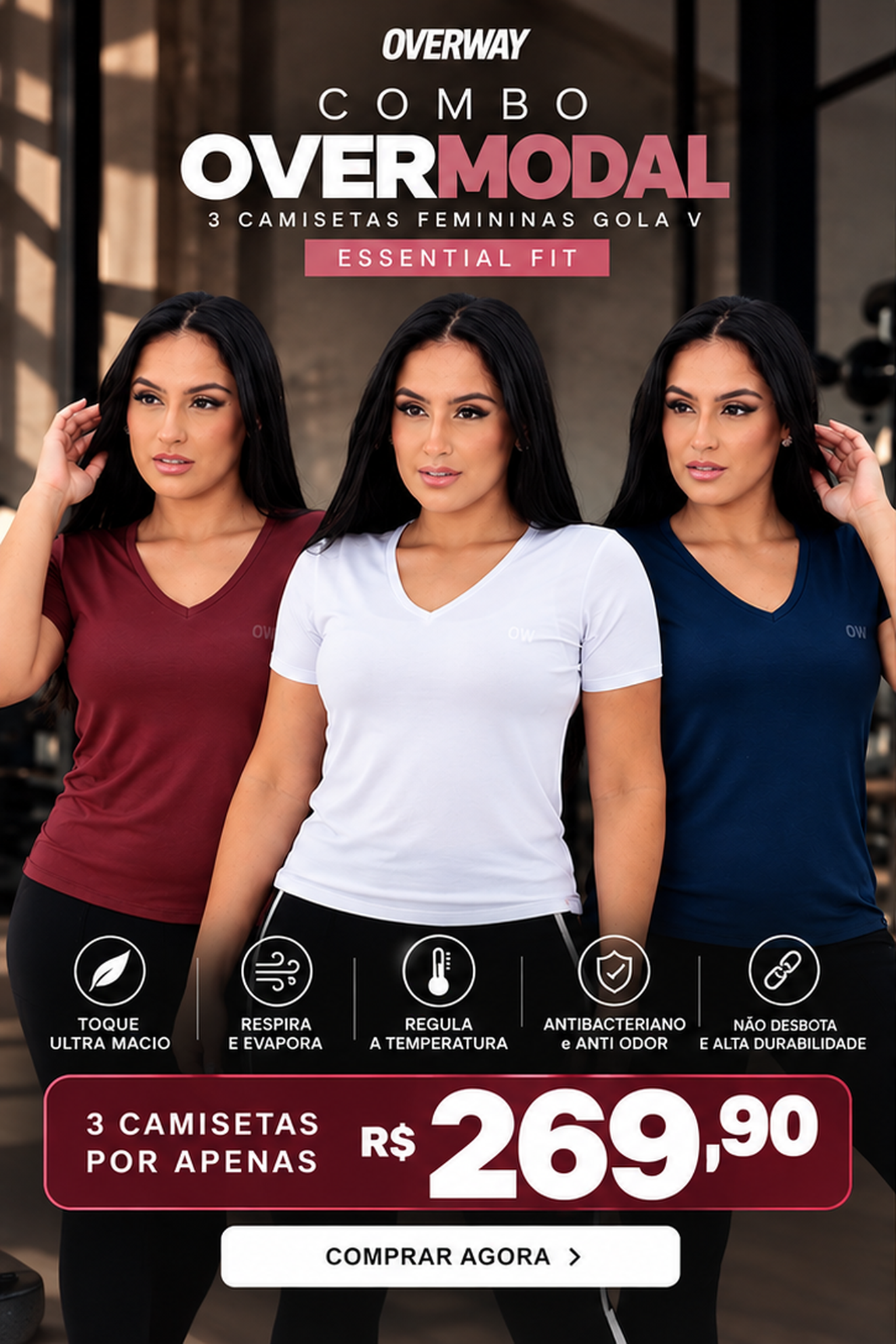 Combo 3 Camiseta OverModal Feminina Gola V / Essential Fit - Por R$ 269,90