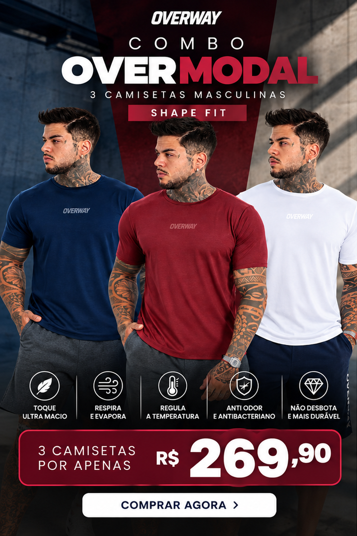 Combo 3 Camiseta OverModal Masculina / Shape Fit - Por R$ 269,90