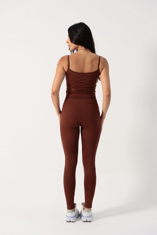 Conjunto OverFlex Feminino Top Longo e Legging Blackout com Bolso / Flex Fit - Marrom