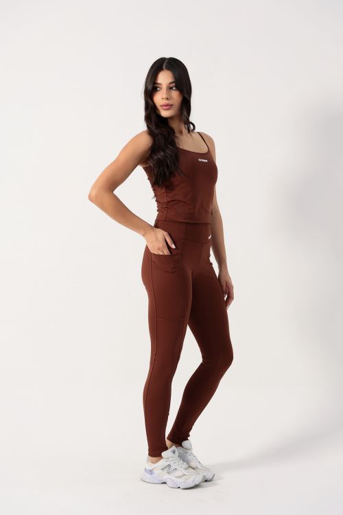 Conjunto OverFlex Feminino Top Longo e Legging Blackout com Bolso / Flex Fit - Marrom